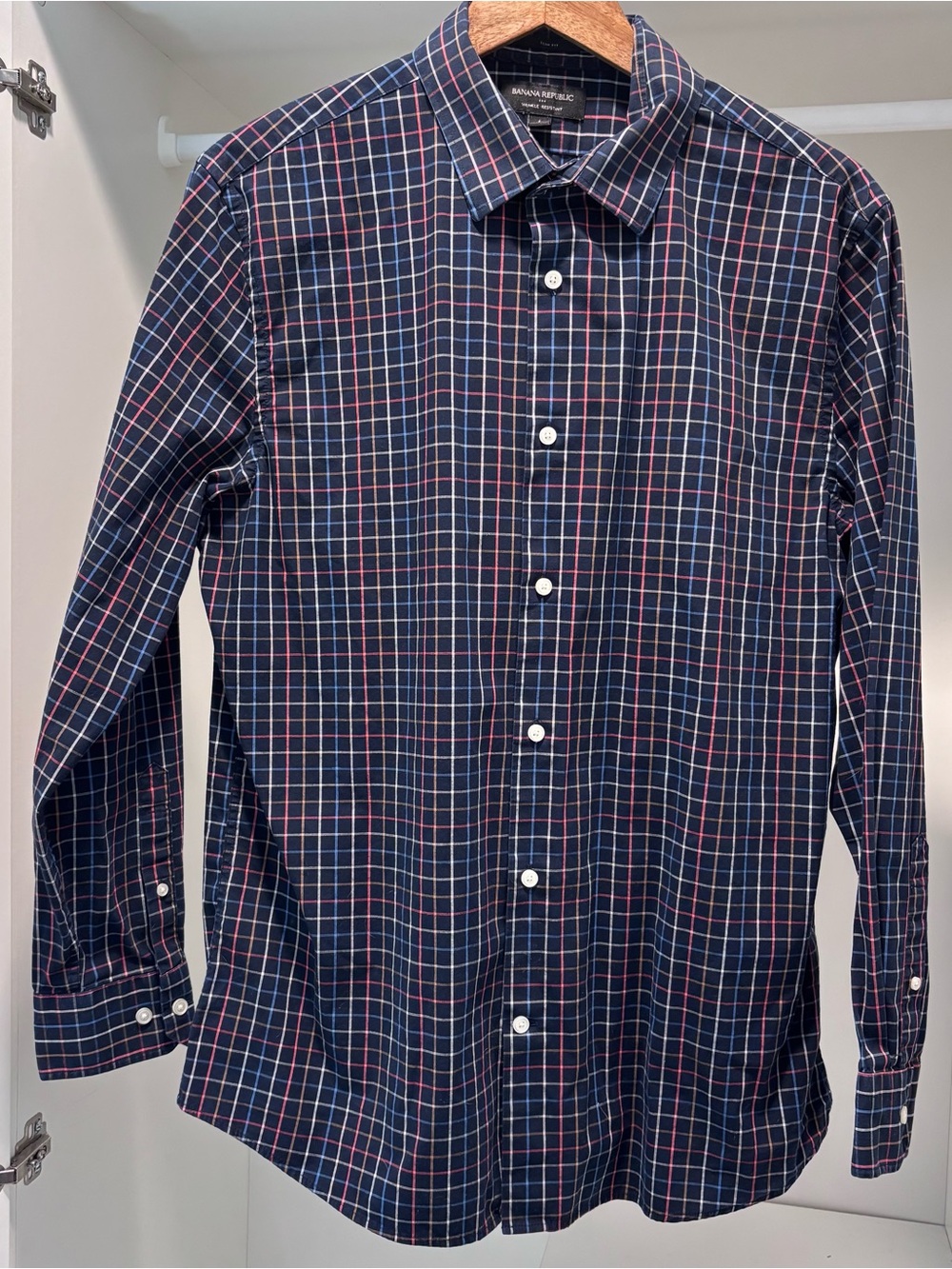Banana Republic Navy Button-Up Dress Shirt with Multicolor Windowpane Check